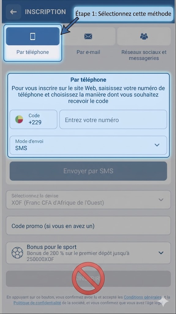 Étape 2: inscription 1xBet